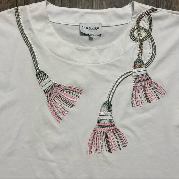 Leo & Ugo Paris White Pink Round Neck Embellished Women's Top Cap Sleeve Shirt L - Picture 7 of 11